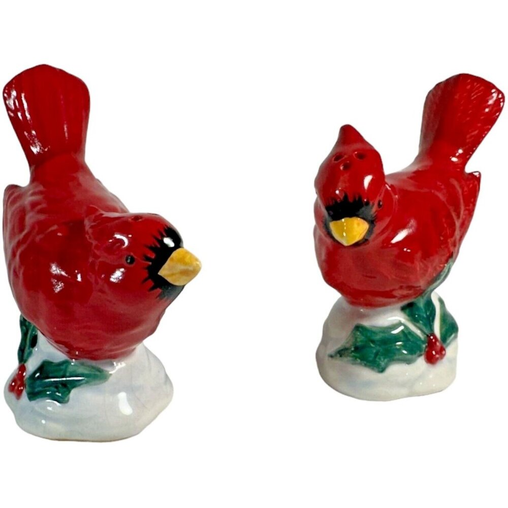 Red Bird Cardinals Salt & Pepper Shakers Holly Berries Ceramic Cosmos Christmas